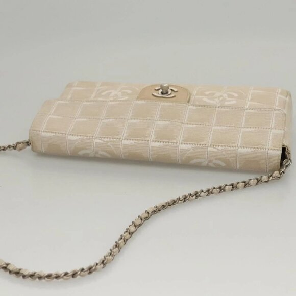 CHANEL New Travel line Choco Bar Chain Shoulder Bag Nylon Beige CC Auth 120002 - Picture 5 of 16